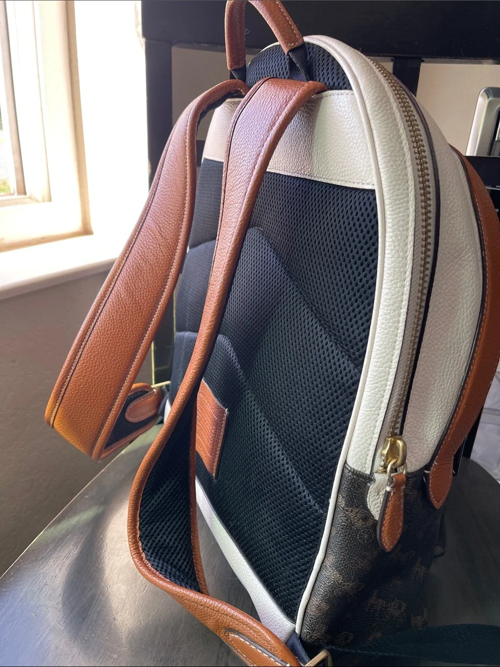 Coach Brown Monogram Backpack with Cream Front Pocket and Tan Trim